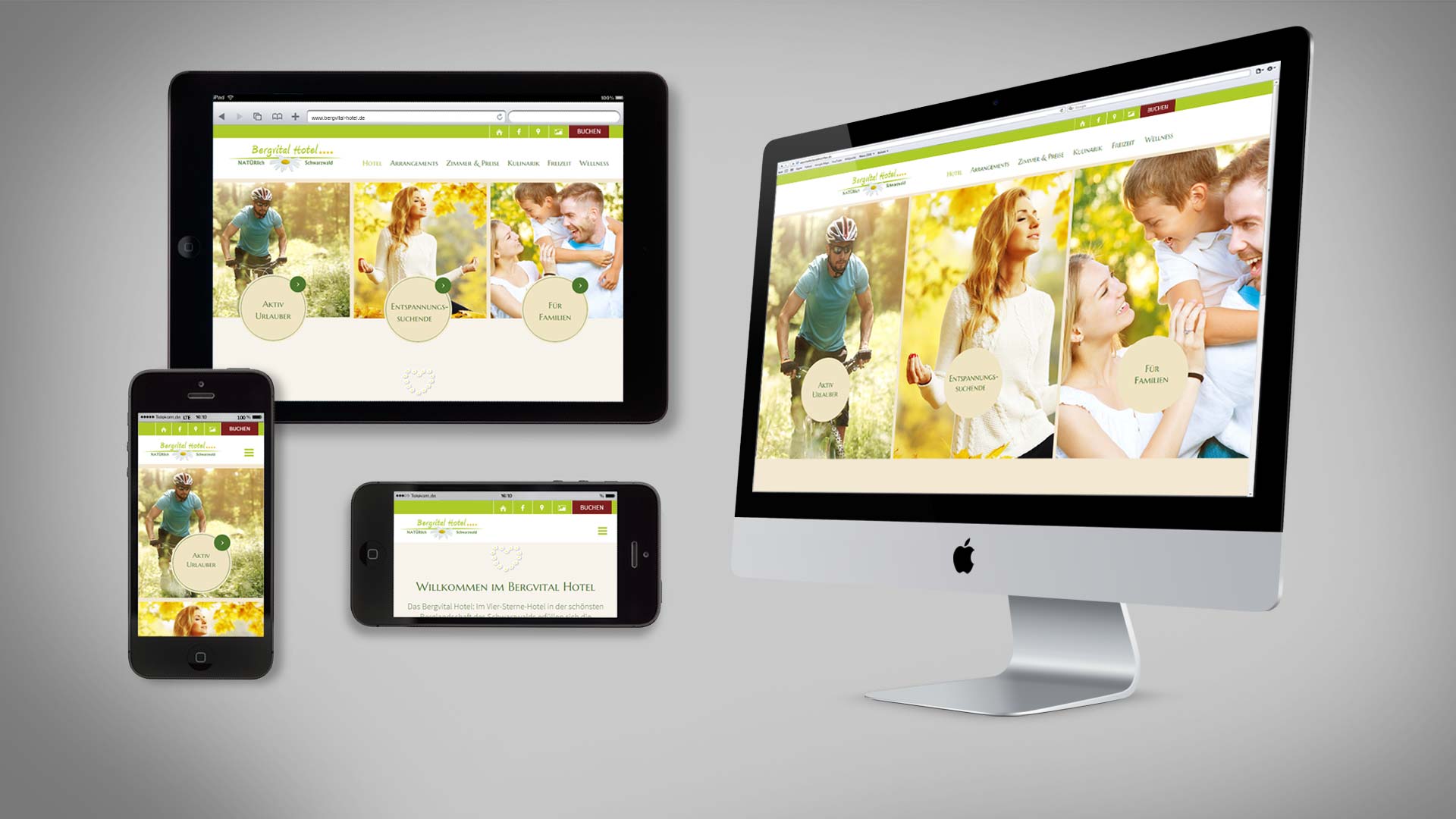 Ansicht der Bergvital Hotel Webseite auf einem iMac, einem iPad und zwei iPhones