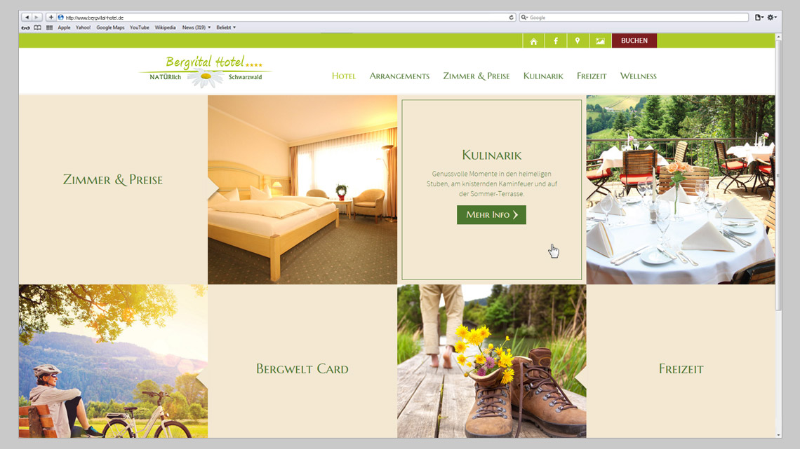 Darstellung der Bergvital Hotel Webseite als Ausschnitt mit Rubrikübersicht