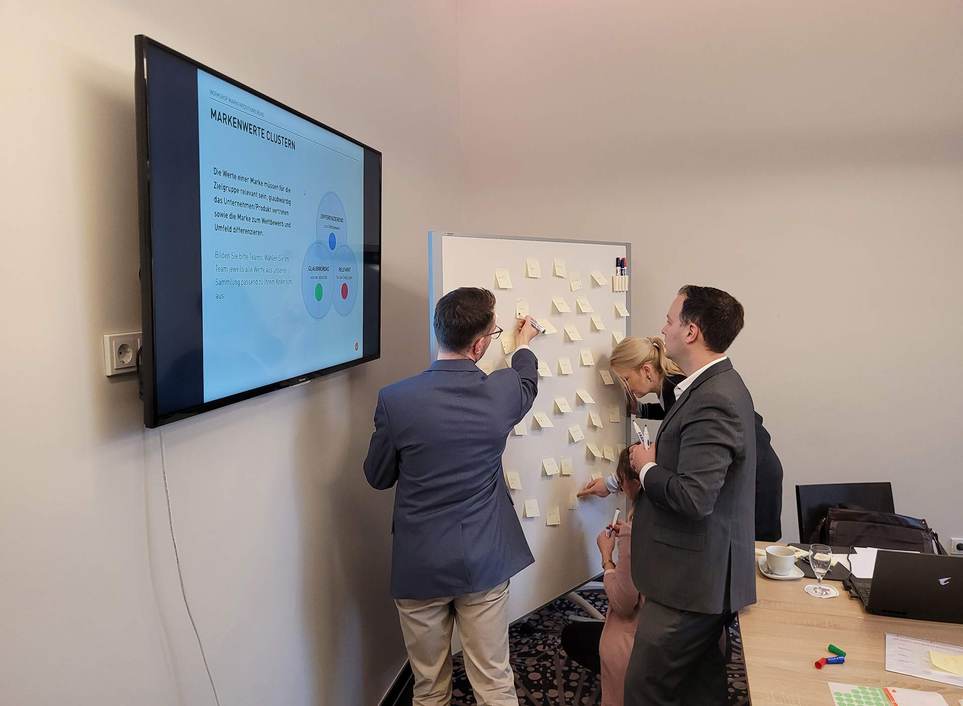 Ansicht einer Workshopsituation vor einem Whiteboard mit vier Personen der CiyClass Hotels