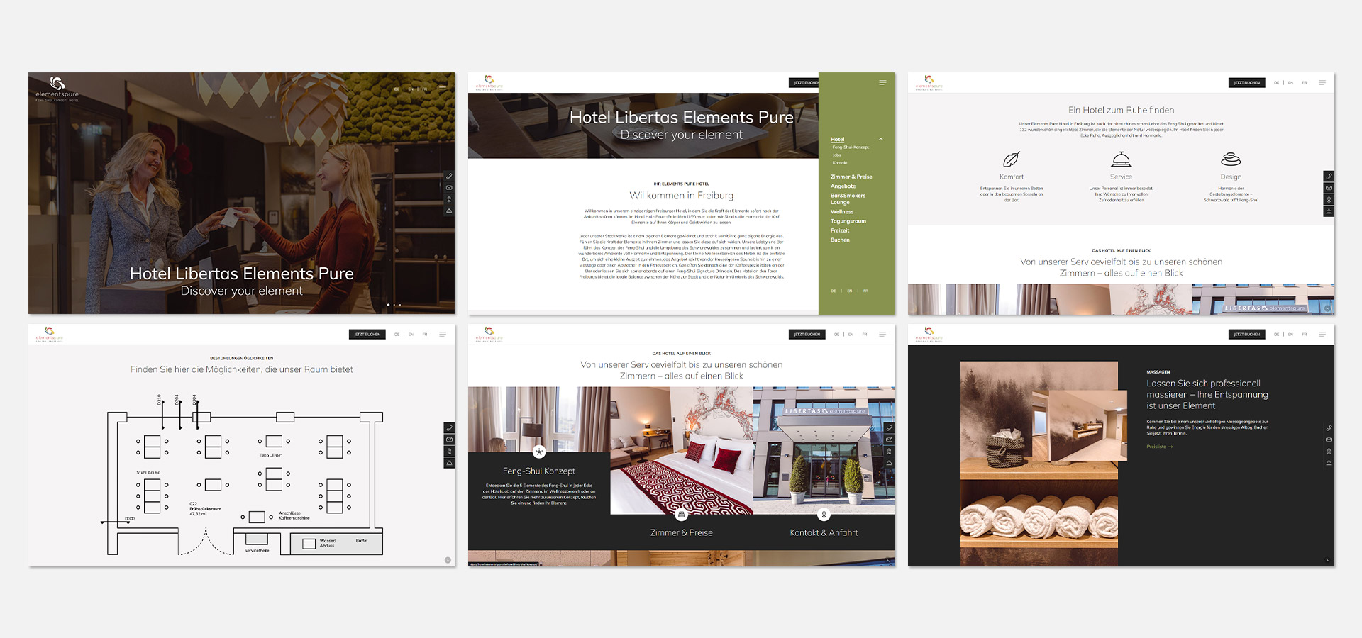 Ansicht auf sechs Bildschirmausschnitte der Website vom Hotel Libertas Elements Pure