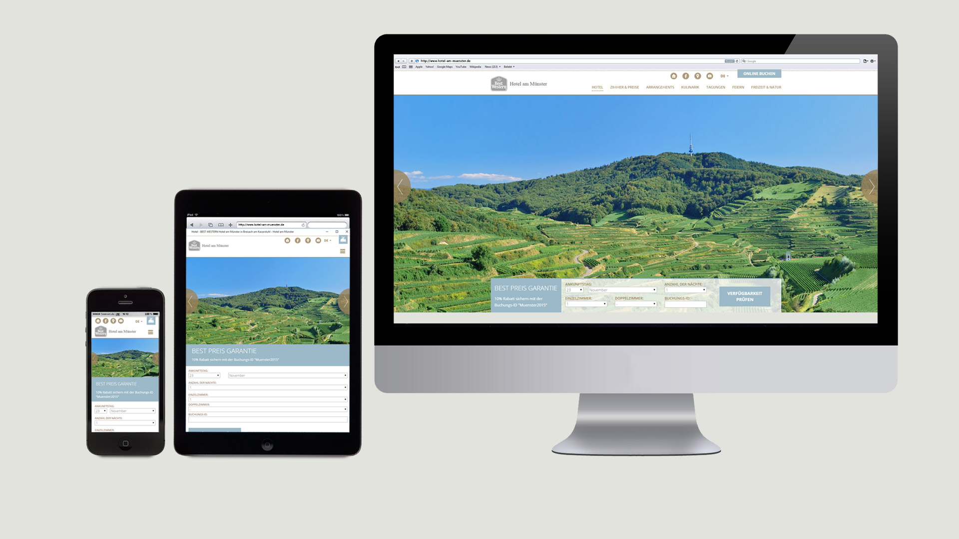 Drei Ansichten der Webseite vom Hotel am Münster auf Smartphone, Tablet und iMac