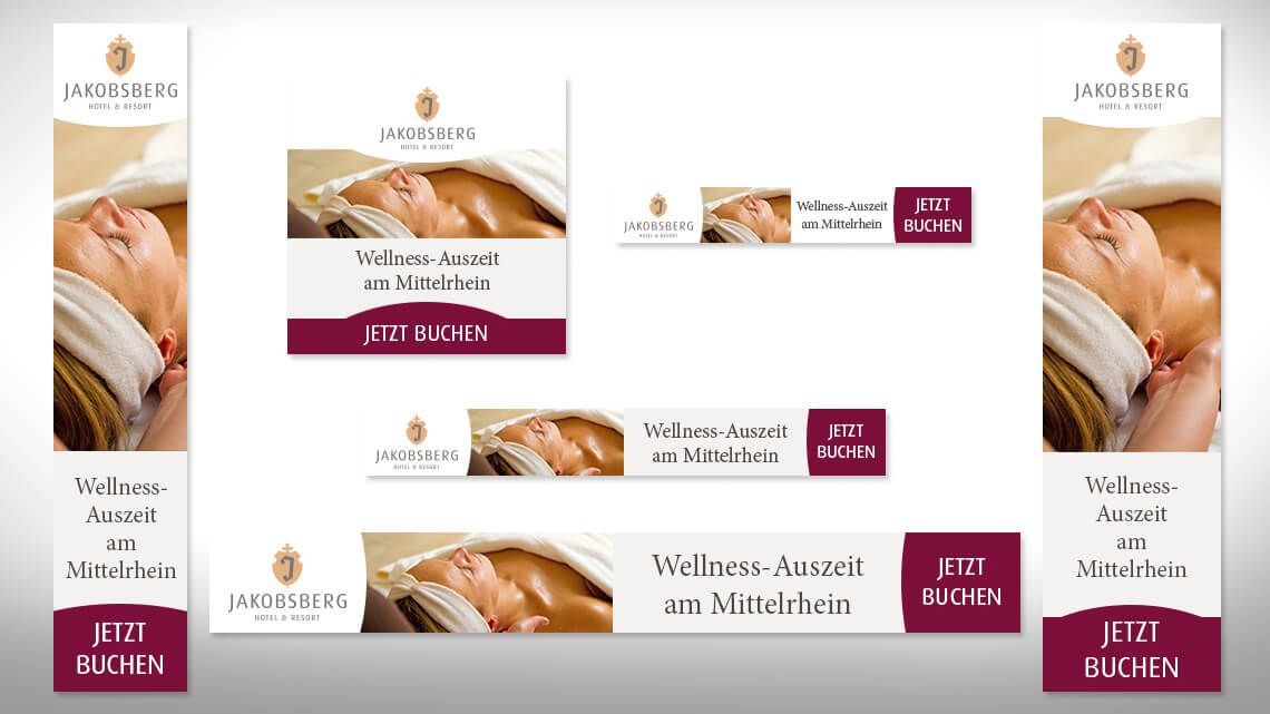 Sechs Formatansichten der Online-Werbemittel zum Thema Wellness vom Hotel Jakobsberg