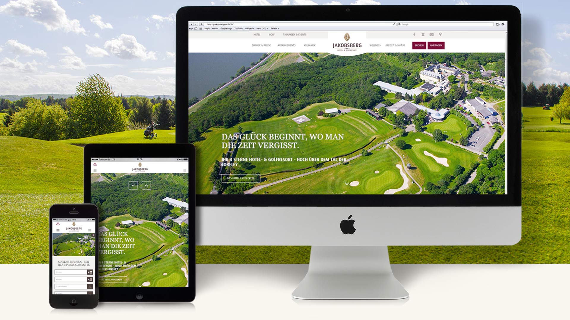 Darstellung der Webseite vom Hotel Jakobsberg auf iMac, iPad und Smartphone