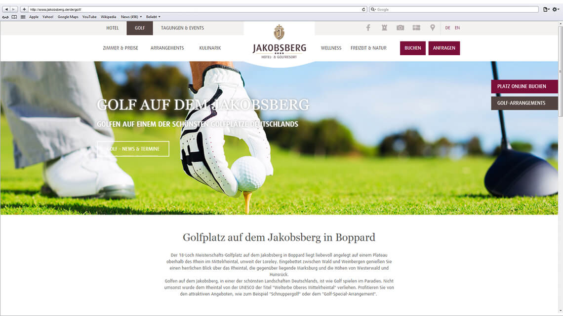 Darstellung eines Ausschnitts der Webseite des Hotel Jakobsberg zum Thema Golf