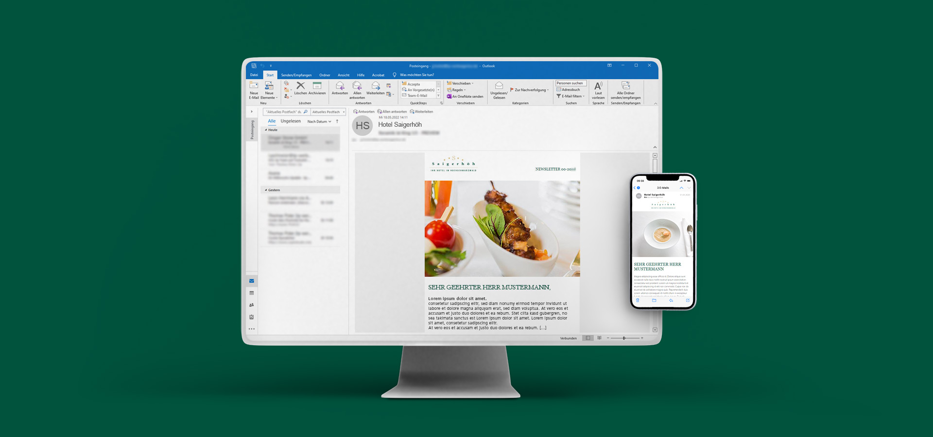 Ansicht des E-Mail-Marketing Newsletters vom Hotel Saigerhöh auf einem Smartphone und Flachbildschirm