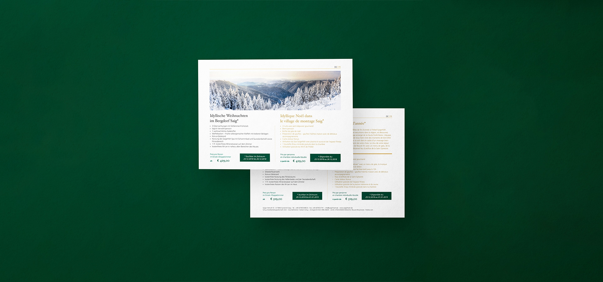 Ansicht der Vorder- und Rückseite des Arrangement-Einlegers im Corporate Design des Hotels Saigerhöh