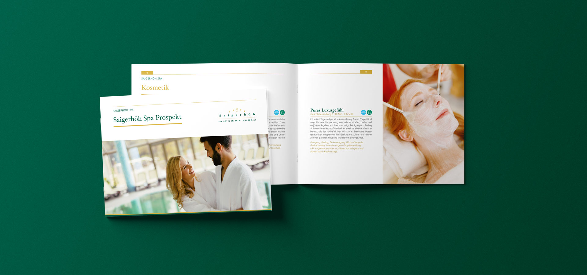 Ansicht der Vorderseite und einer Doppelinnenseite der Wellnessbroschüre des Hotels Saigerhöh
