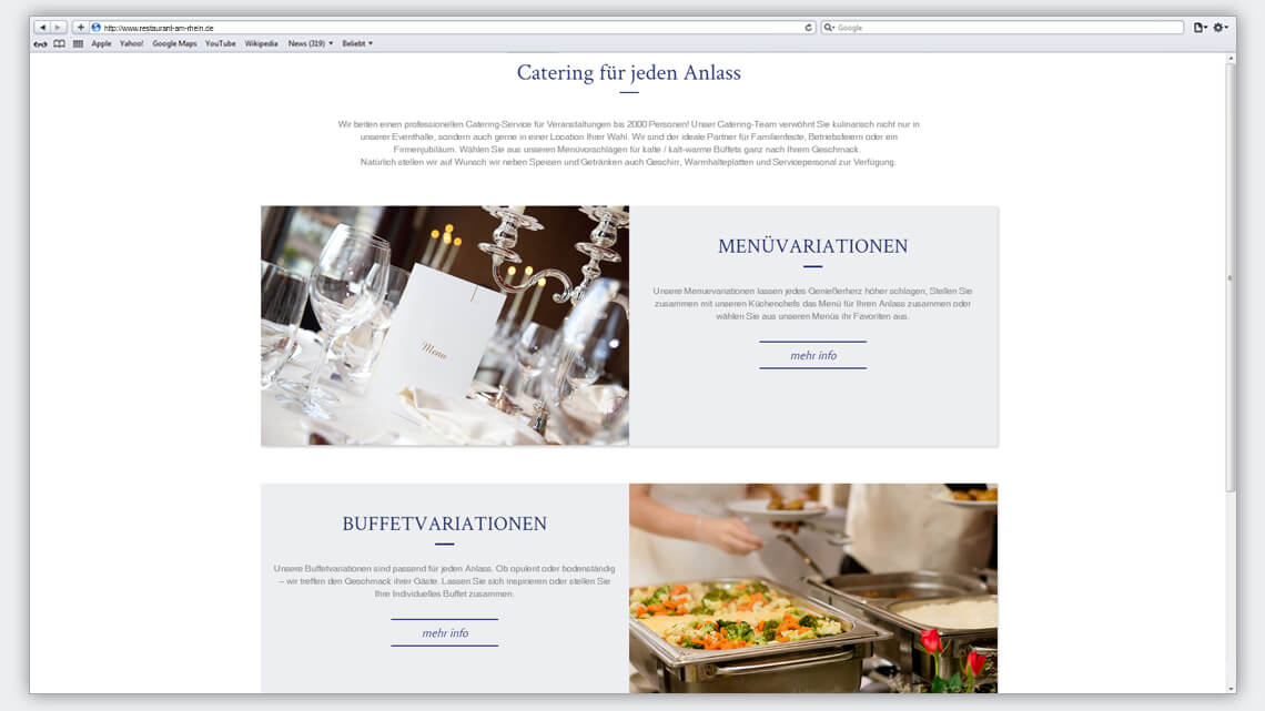Ansicht der Webseite von Kläsles Gastronomie als Bildschirmausschnitt zum Thema Catering