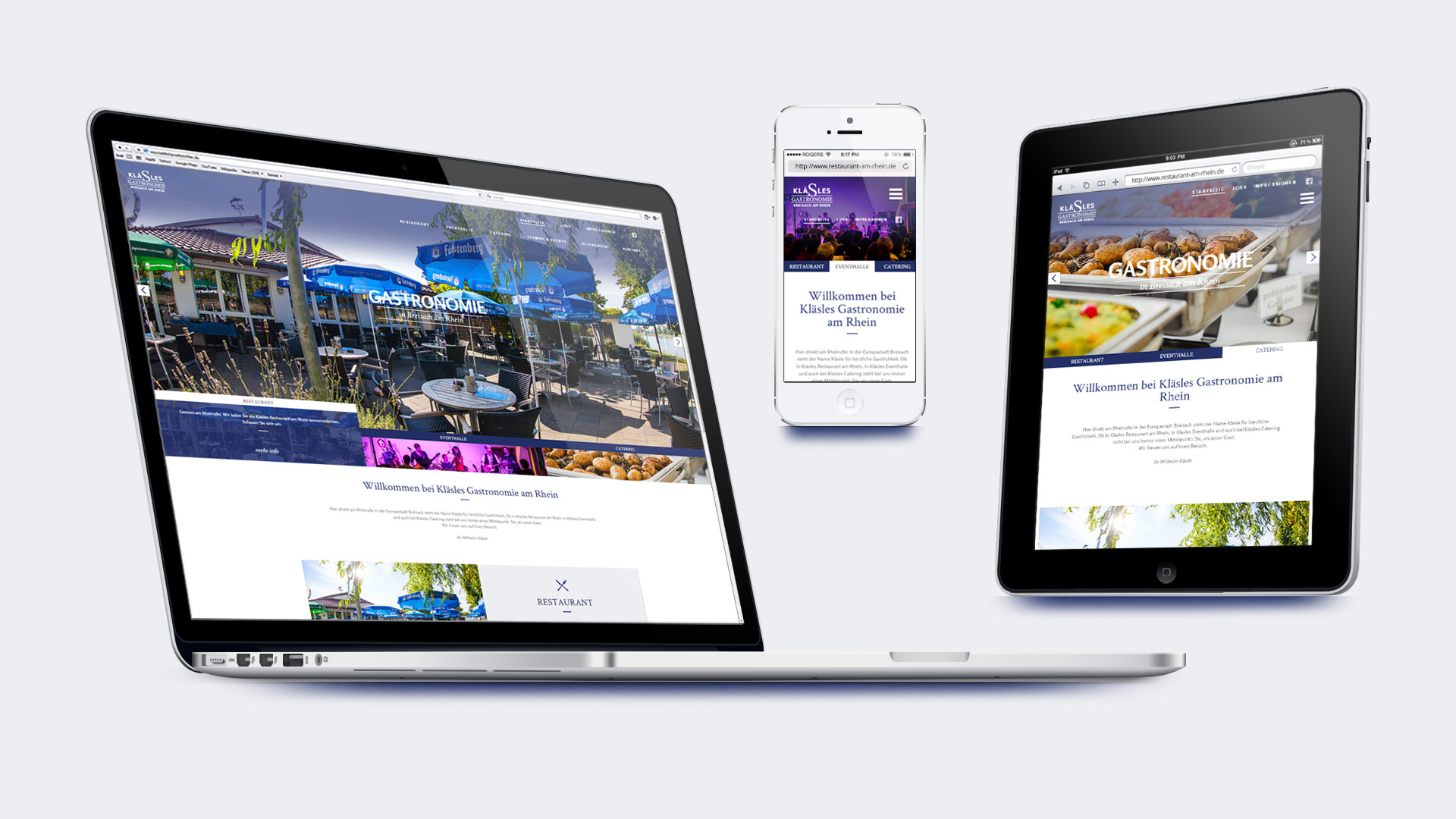 Ansicht der Webseite von Kläsles Gastronomie auf einem MacBook, iPad und iPhone