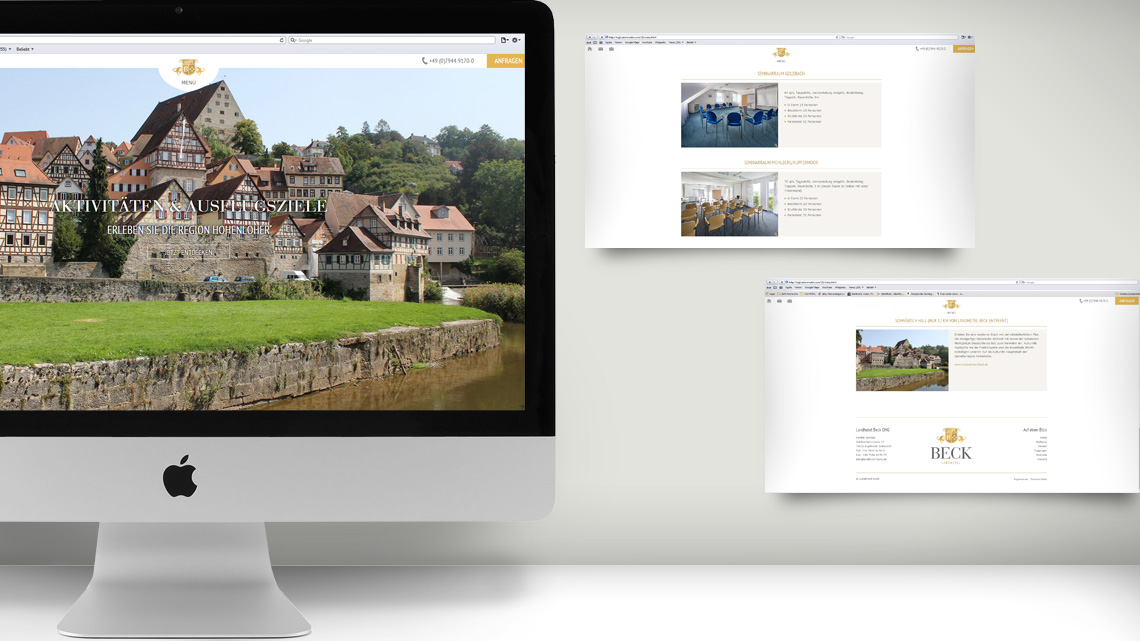 Ansicht der Webseite von Landhotel Beck auf einem iMac und zwei Bildschirmausschnitten