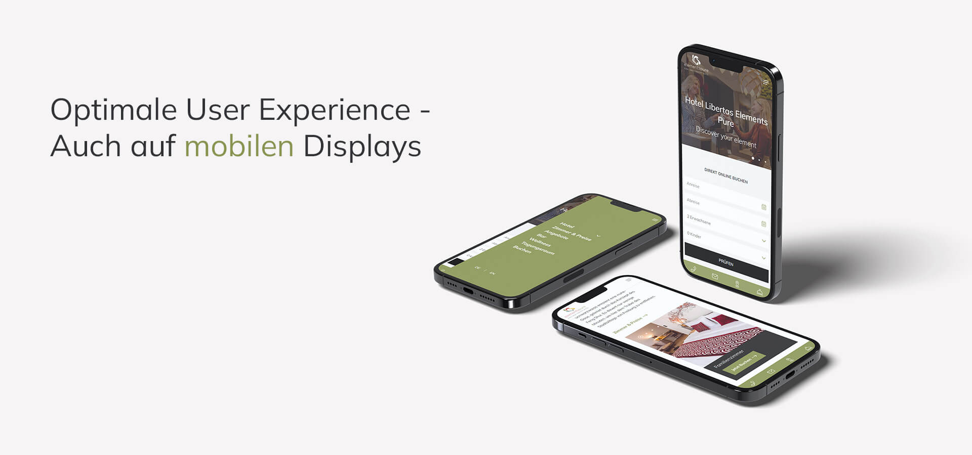 Ansicht der Webseite des Hotels Libertas Elements Pure auf einem stehenden und zwei liegenden Smartphones