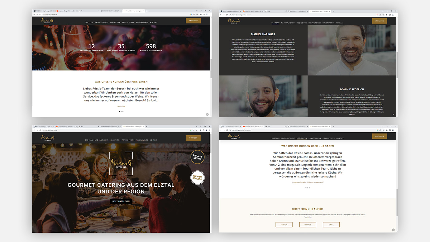 Darstellung der Webseite von Manuels Catering mit vier Bildschirmausschnitten