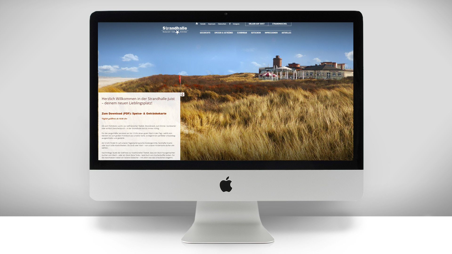 Ansicht auf die Webseite vom Restaurant Strandhalle Juist auf einem iMac