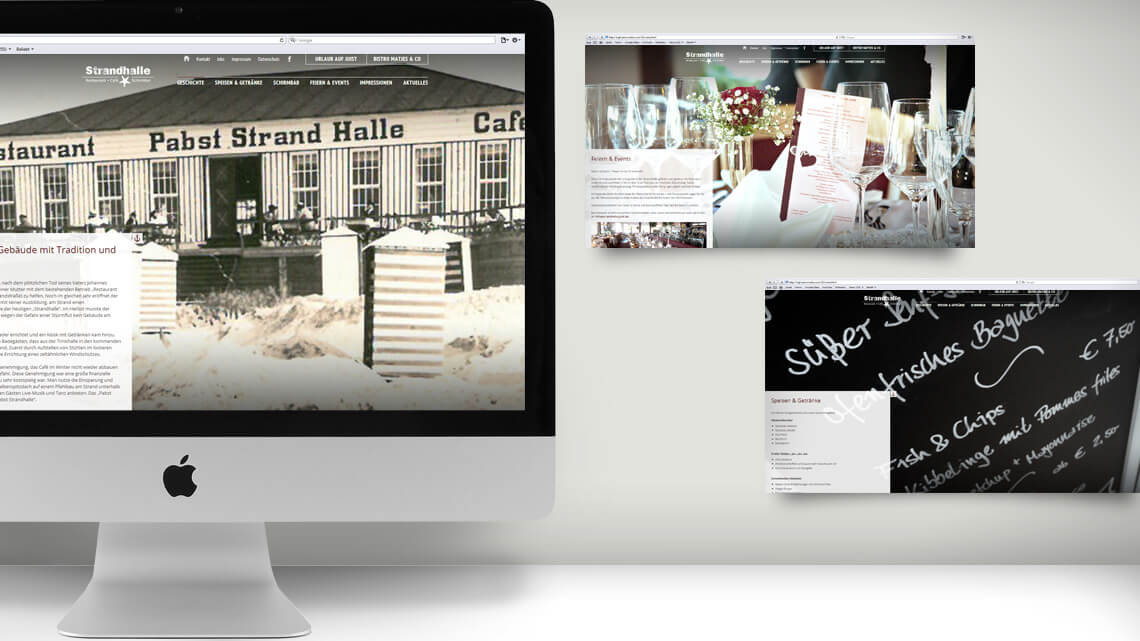 Ansicht auf die Webseite vom Restaurant Strandhalle Juist auf einem iMac und zwei Bildschirmausschnitten
