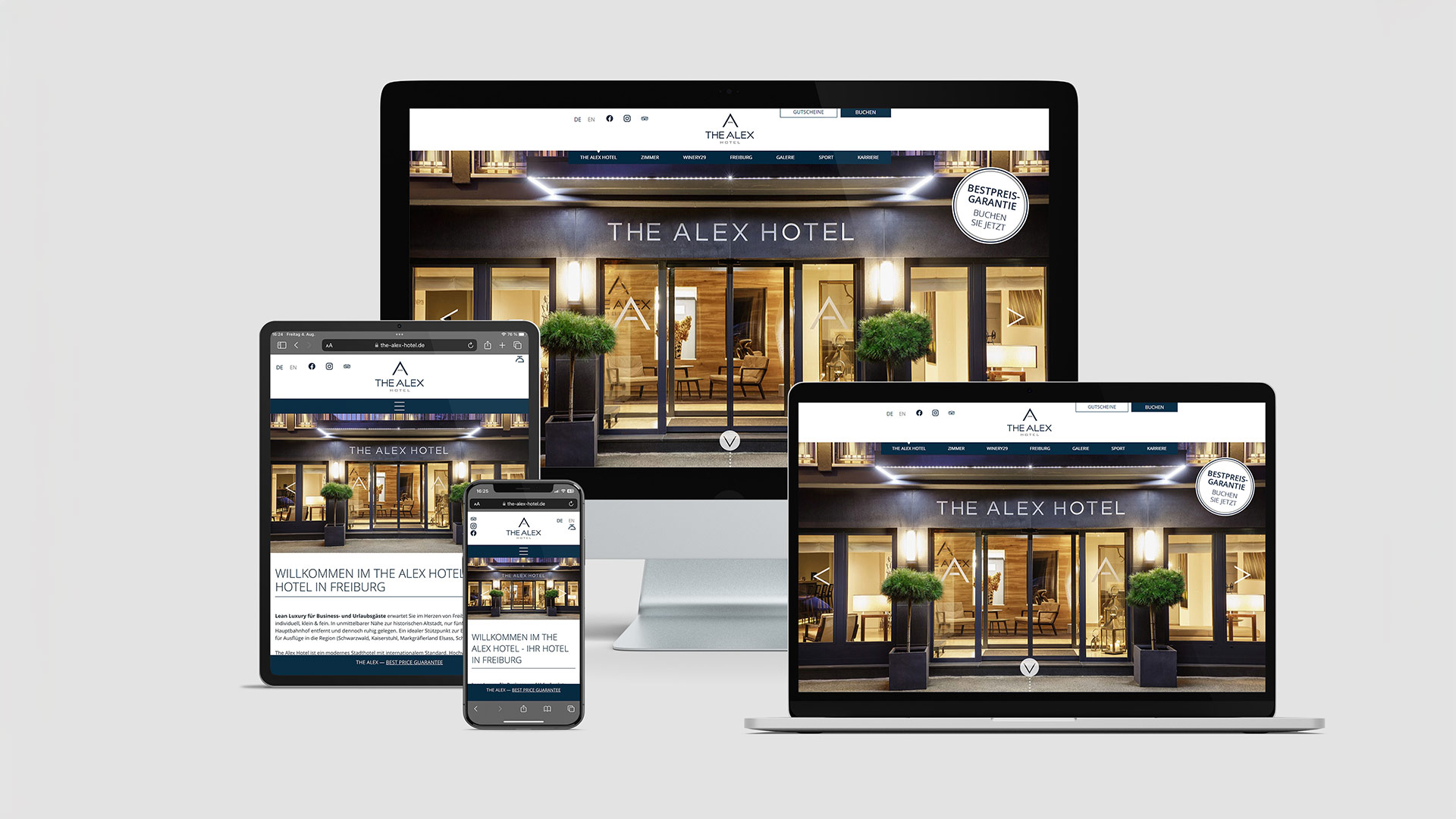 Ansicht der Webseite von The Alex Hotel auf einem iMac, einem MacBook, einem iPad und einem Smartphone