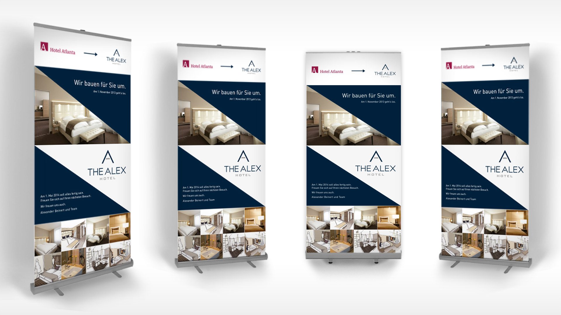 Ansicht von drei Roll-Ups im Corporate Design vom The Alex Hotel