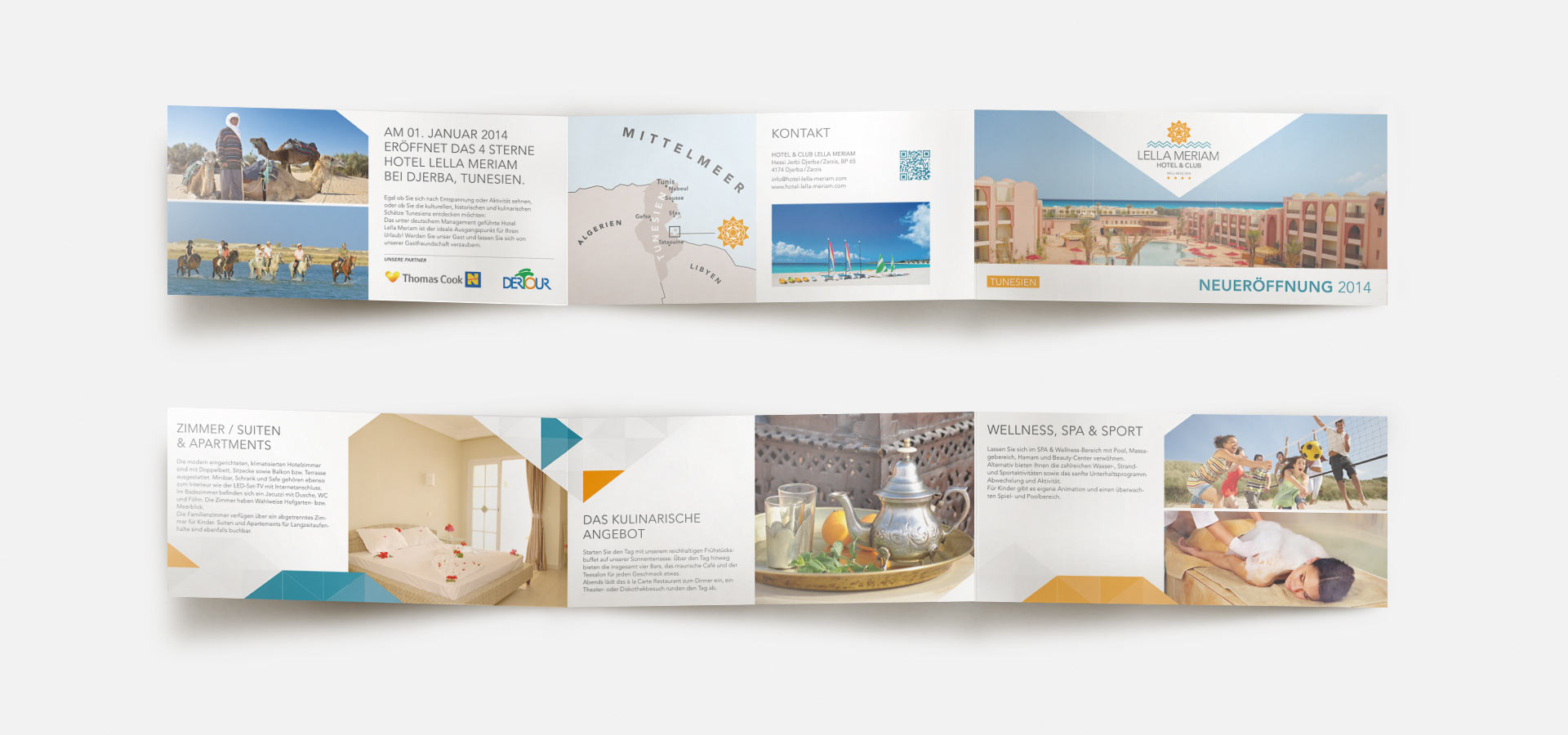 Ansicht von Vorder- und Rückseite des ausgeklappten Flyers vom Hotel Lella Meriam
