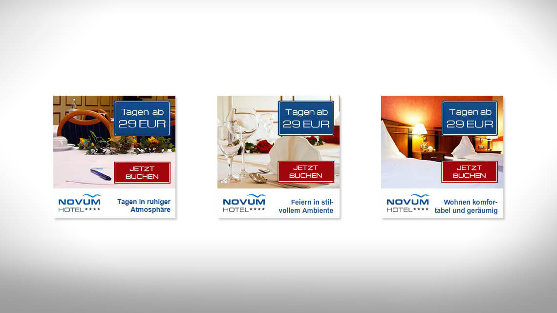 Ansicht von drei Online-Werbemitteln im Corporate Design des Hotels Novum