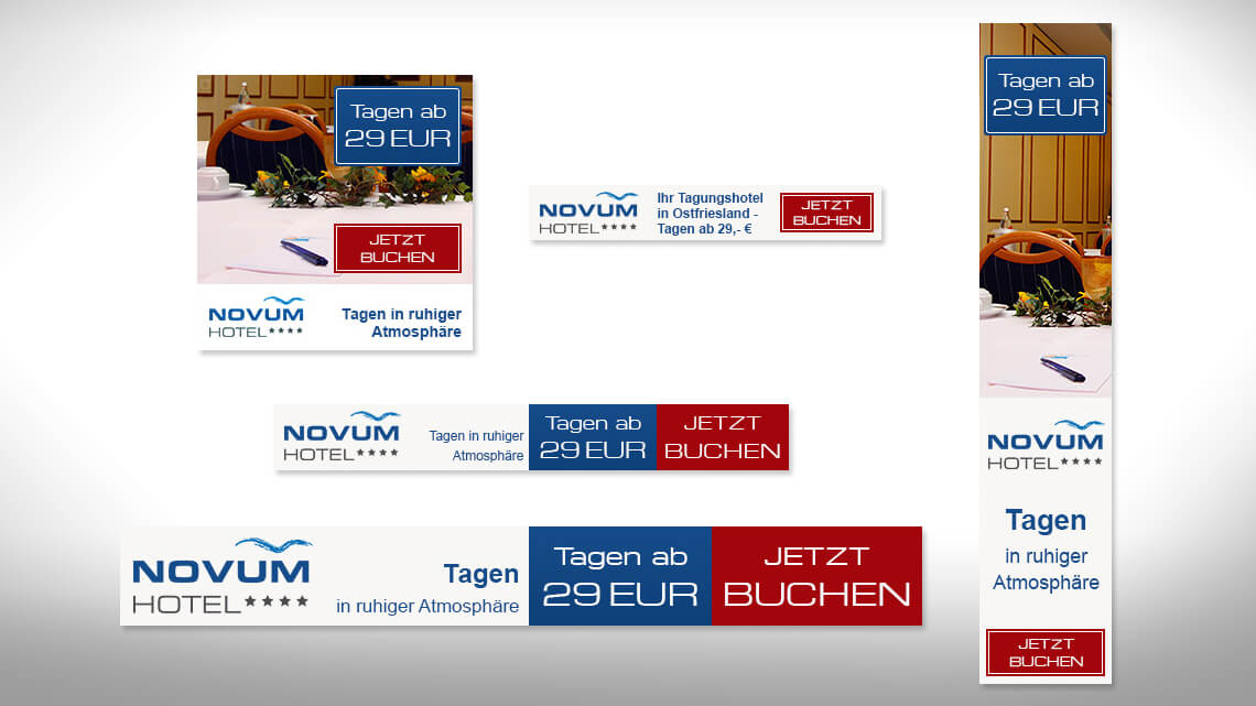 Ansicht auf fünf Formate der Online-Werbemittel des Hotels Novum
